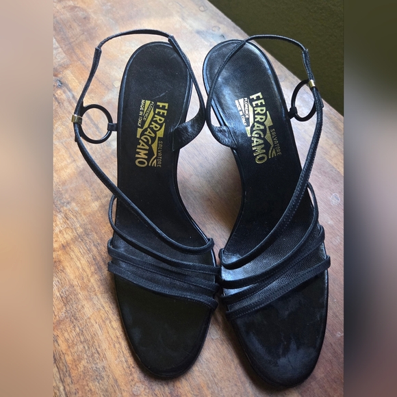 Salvatore FerragamoNimba Black Leather Suede Strappy Wedge Sandals 9 (9.5) B